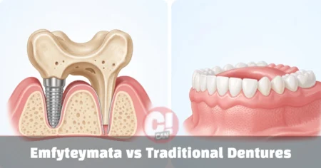 Emfyteymata vs Traditional Dentures comparison illustration showing dental implant in jawbone beside removable denture on gum tissue.