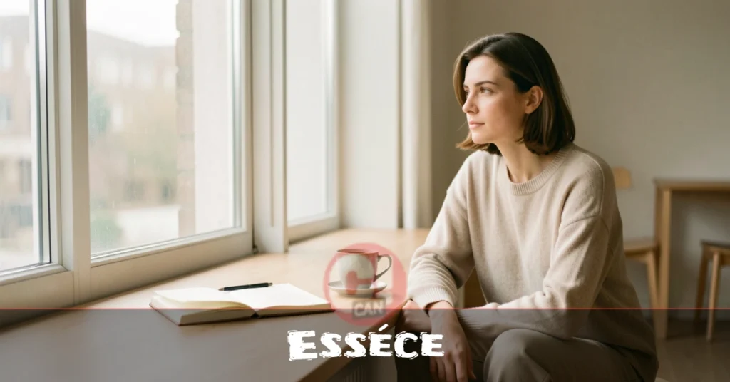 Esséce: What It Means and How to Live It Daily Person sitting by window journaling, representing the concept of Esséce and authentic self-awareness in daily lifestyle.