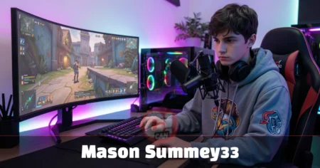Mason Summey33 gaming content creator sitting at a dual monitor desk setup with microphone and RGB lighting.