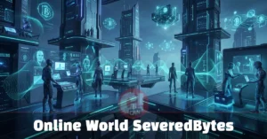 Online world SeveredBytes virtual platform showing decentralized 3D creator environment with blockchain nodes