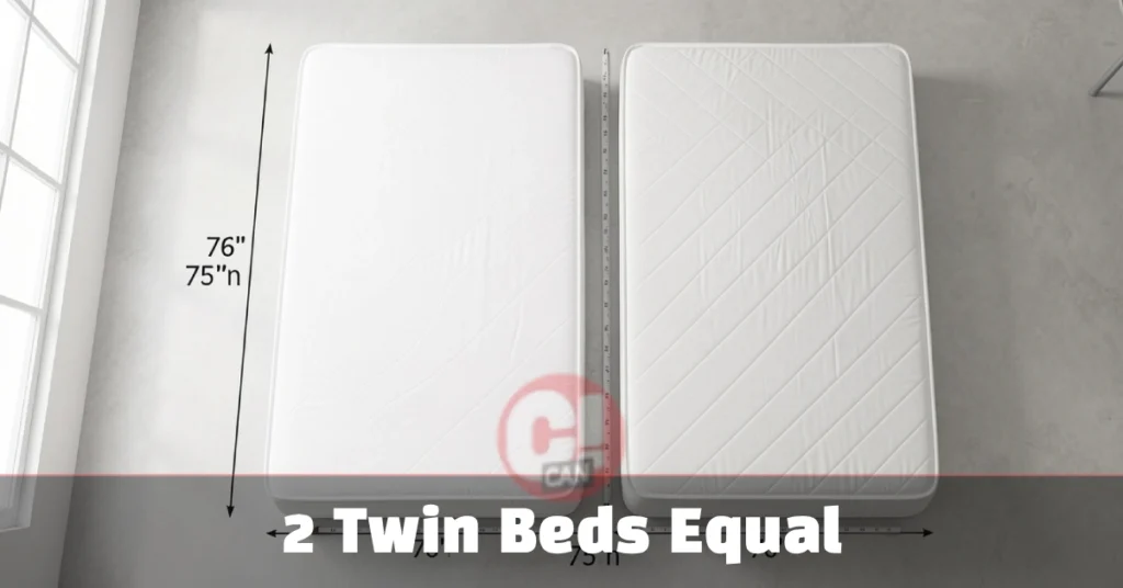 2 twin beds equal king size width shown with two white mattresses side by side with measurements
