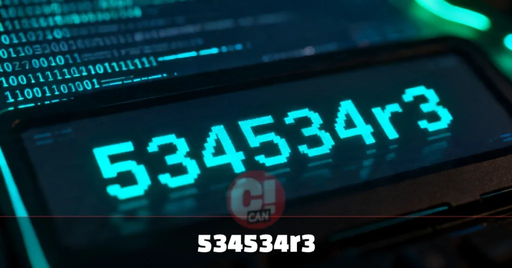 Illustration of 534534r3 alphanumeric code on a digital interface representing internet trends and unknown online identifiers