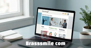 Brasssmile Com: What It Is and Why It Matters Brasssmile com blog platform showing multi-topic content categories on a clean laptop screen in a modern workspace setting.