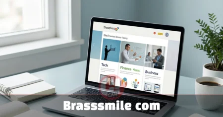 Brasssmile Com: What It Is and Why It Matters Brasssmile com blog platform showing multi-topic content categories on a clean laptop screen in a modern workspace setting.