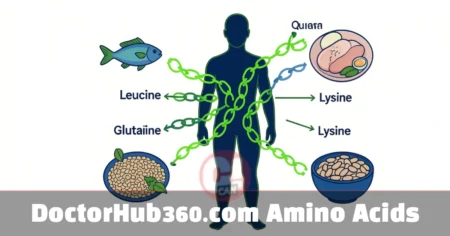 doctorhub360.com amino acids guide showing essential amino acid sources and protein chain illustration for health
