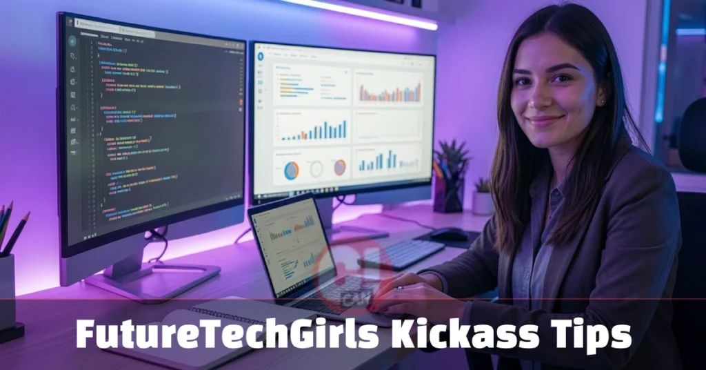 Young woman applying FutureTechGirls Kickass Tips while coding at a modern desk with dual monitors and colorful data dashboards.