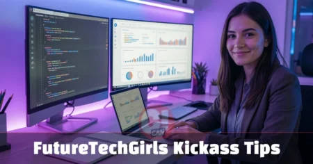 Young woman applying FutureTechGirls Kickass Tips while coding at a modern desk with dual monitors and colorful data dashboards.