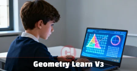 Geometry Learn V3 interactive platform showing angles and shapes on a digital screen for student practice