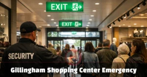 Shoppers inside a retail center with exit signs visible, representing a Gillingham Shopping Center Emergency safety alert scenario.