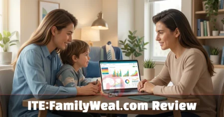 ITE:FamilyWeal.com review – family using online wealth management and budgeting platform on laptop screen.
