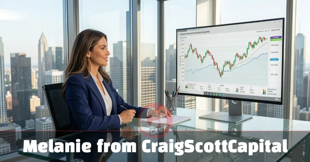 Melanie from CraigScottCapital — professional female investment advisor analyzing portfolio data at a sleek financial firm desk.