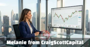 Melanie from CraigScottCapital — professional female investment advisor analyzing portfolio data at a sleek financial firm desk.