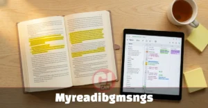 Myreadibgmsngs: What It Means and How It Works Myreadibgmsngs reading notes system with highlighted book, Notion database, and organized study desk for personal knowledge management.