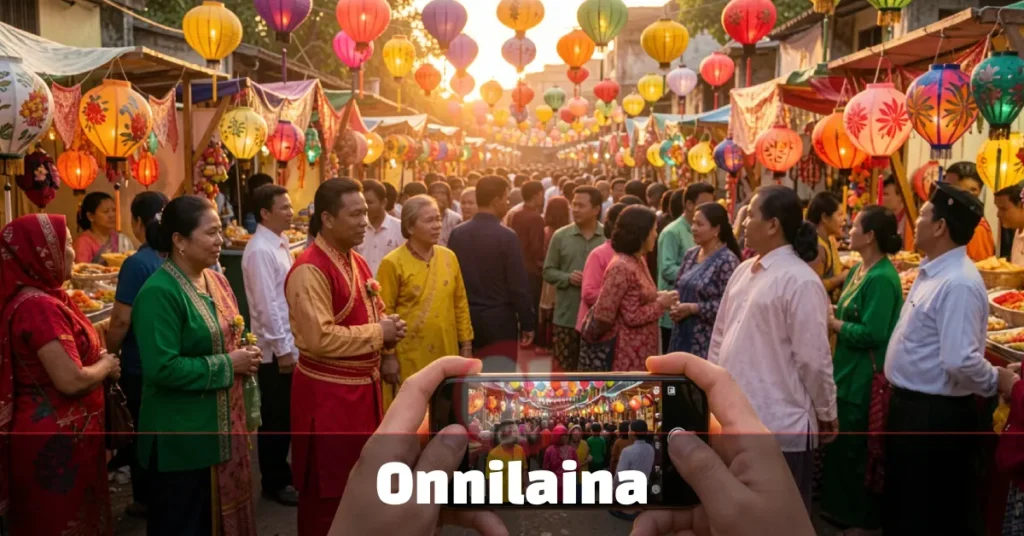 Colorful onnilaina cultural festival with people in traditional clothing and a smartphone livestreaming the celebration outdoors.