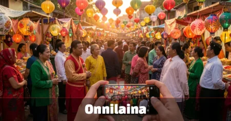 Colorful onnilaina cultural festival with people in traditional clothing and a smartphone livestreaming the celebration outdoors.