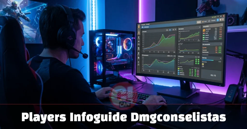 players infoguide dmgconselistas — gamer analyzing in-game damage output and combat strategy on a dual-monitor gaming setup