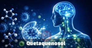 Quetaquenosol compound illustration showing antiviral activity and neuroprotective effects in a human body diagram