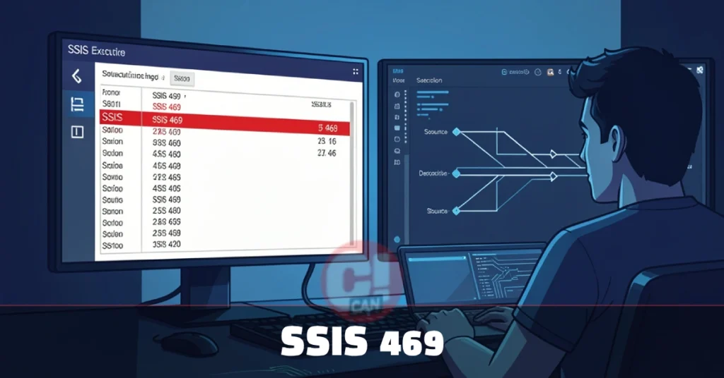 SSIS 469 error diagnosis screen showing SQL Server Integration Services package failure log and connection manager settings.