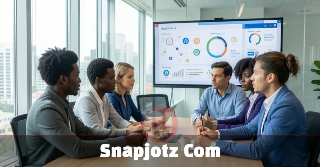 Snapjotz Com: The AI Meeting Tool Everyone’s Talking About snapjotz com AI meeting summary dashboard displayed during a team discussion in a corporate meeting room