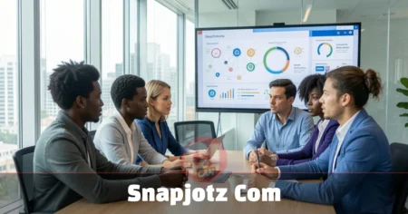 Snapjotz Com: The AI Meeting Tool Everyone’s Talking About snapjotz com AI meeting summary dashboard displayed during a team discussion in a corporate meeting room