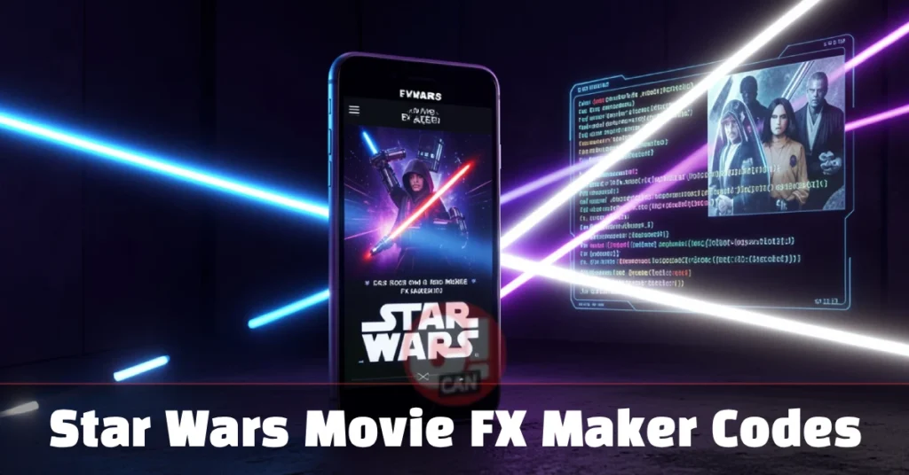Smartphone displaying Star Wars Movie FX Maker codes unlock screen with purple and blue lightsaber effects glowing in a dark setting.