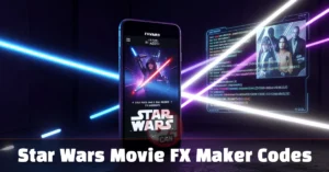 Star Wars Movie FX Maker Codes: Full 2026 Guide Smartphone displaying Star Wars Movie FX Maker codes unlock screen with purple and blue lightsaber effects glowing in a dark setting.