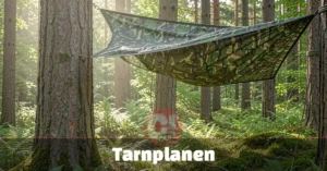 Tarnplanen: The Camouflage Tarp Guide for 2026 Tarnplanen camouflage tarp set up as forest shelter between pine trees using paracord and metal grommets.